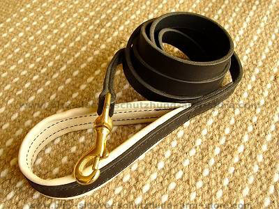 Leather dog leash with support material on the handle for dog training or for dog owners