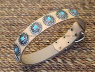 Tan Leather Dog Collar with Silver Plated Circles Blue Stones